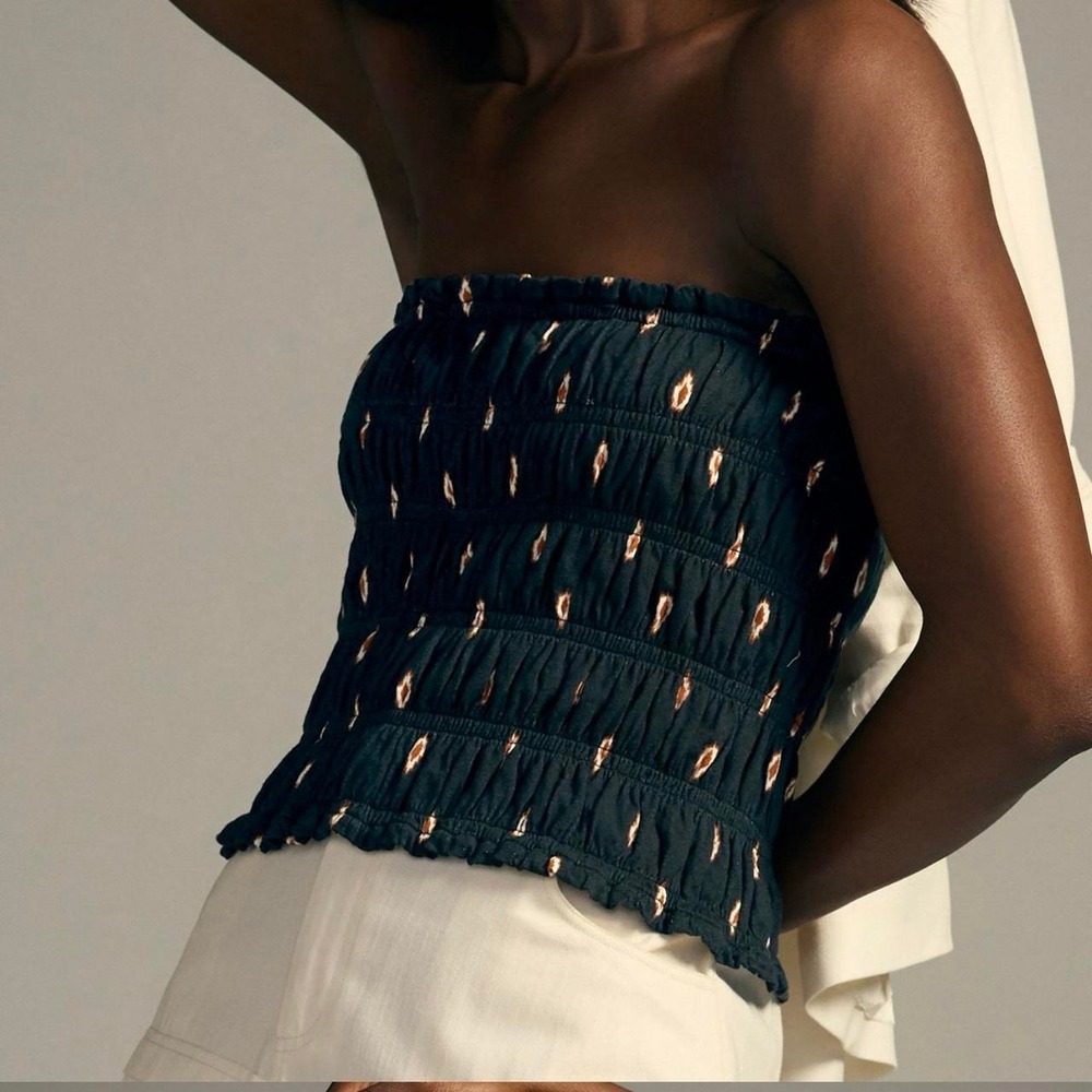 Anthropologie Smocked Tube Top Black Ikat Print Strapless Cotton Blouse Medium